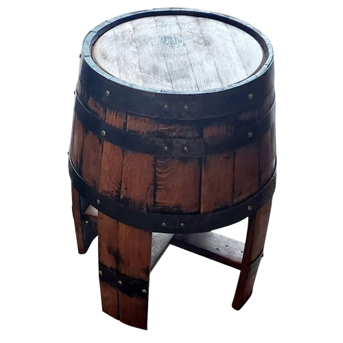 The End Table with Stave Legs, crafted from solid wood barrel construction, exudes rustic elegance with its round seat and metal bands reminiscent of whiskey barrels, blending charm with functionality.