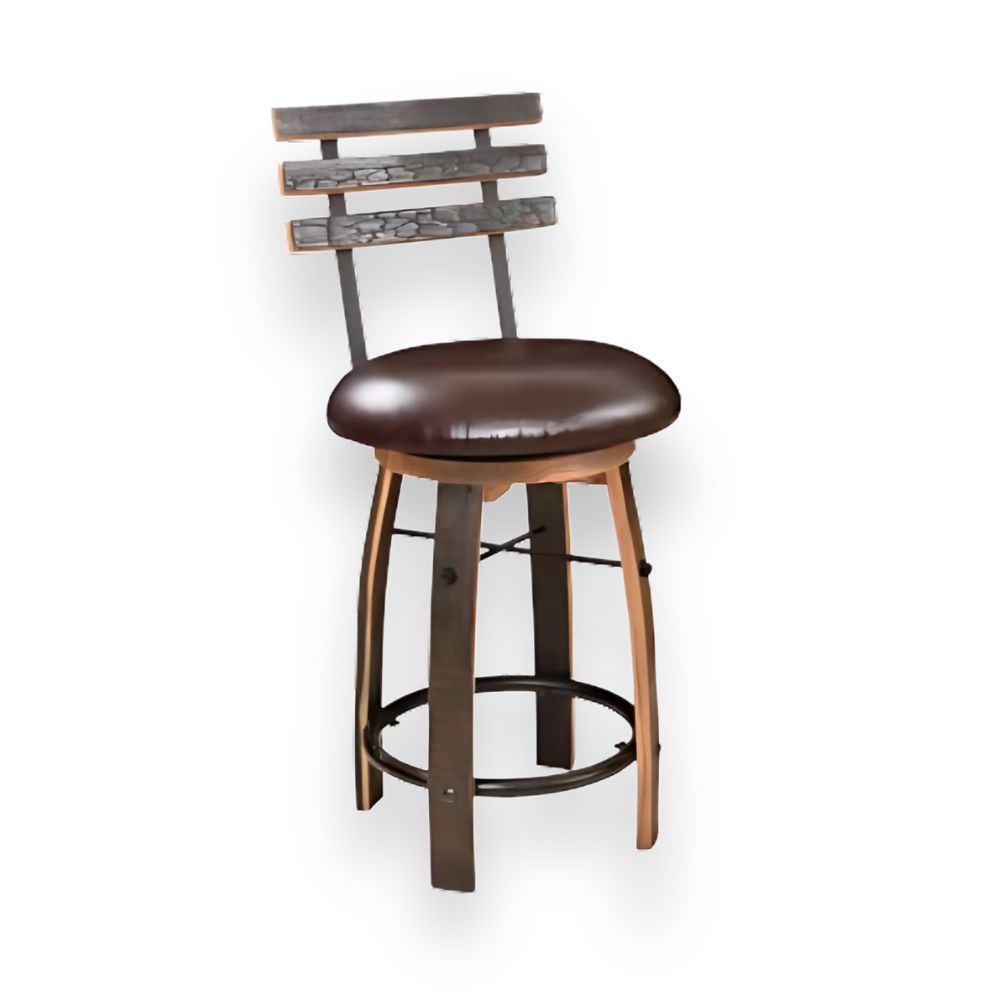 The Bar Stool with Swivel Cushioned Seat & Stave Back is crafted from reclaimed whiskey barrels and features a brown wooden design with a swivel cushioned seat and a three-horizontal-slat backrest.