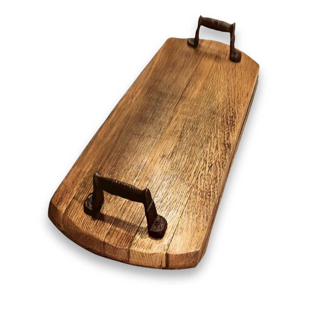 The Charcuterie and Cheese Rectangle Wooden Serving Board, crafted from solid wood with two metal handles, exudes rustic charm on a white background.